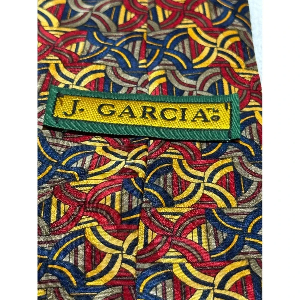 J. Garcia Silk Tie Stonehenge Ltd Red Blue Yellow Geometric Hand Sewn USA 4